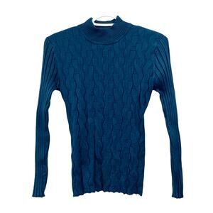 VEX Collection Mock Neck Fitted Cable Knit Sweater Teal Blue Size M